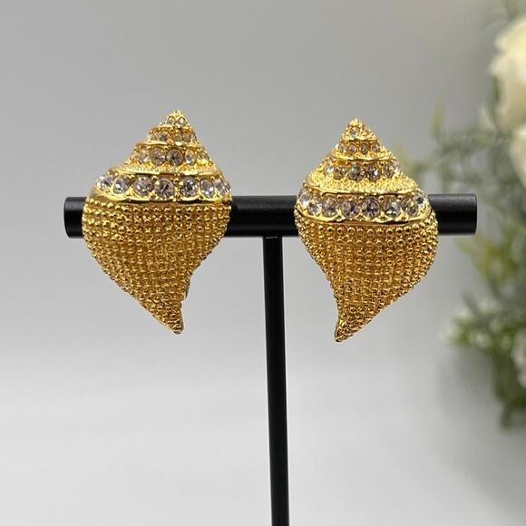 Kenneth Jay Lane KJL Vintage Gold Crystal Seashell Crystal Clip On Earrings - Picture 1 of 9